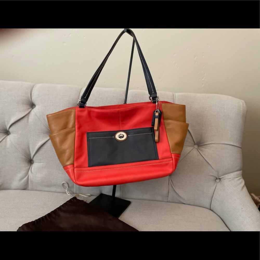 Coach Leather Tote Bag Big Beautiful Red Color Block Tote.  Like New!!